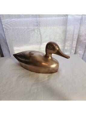 Solid Heavy Mid Century Brass Duck Figurine Paperweight 9" Vintage Rustic Decor